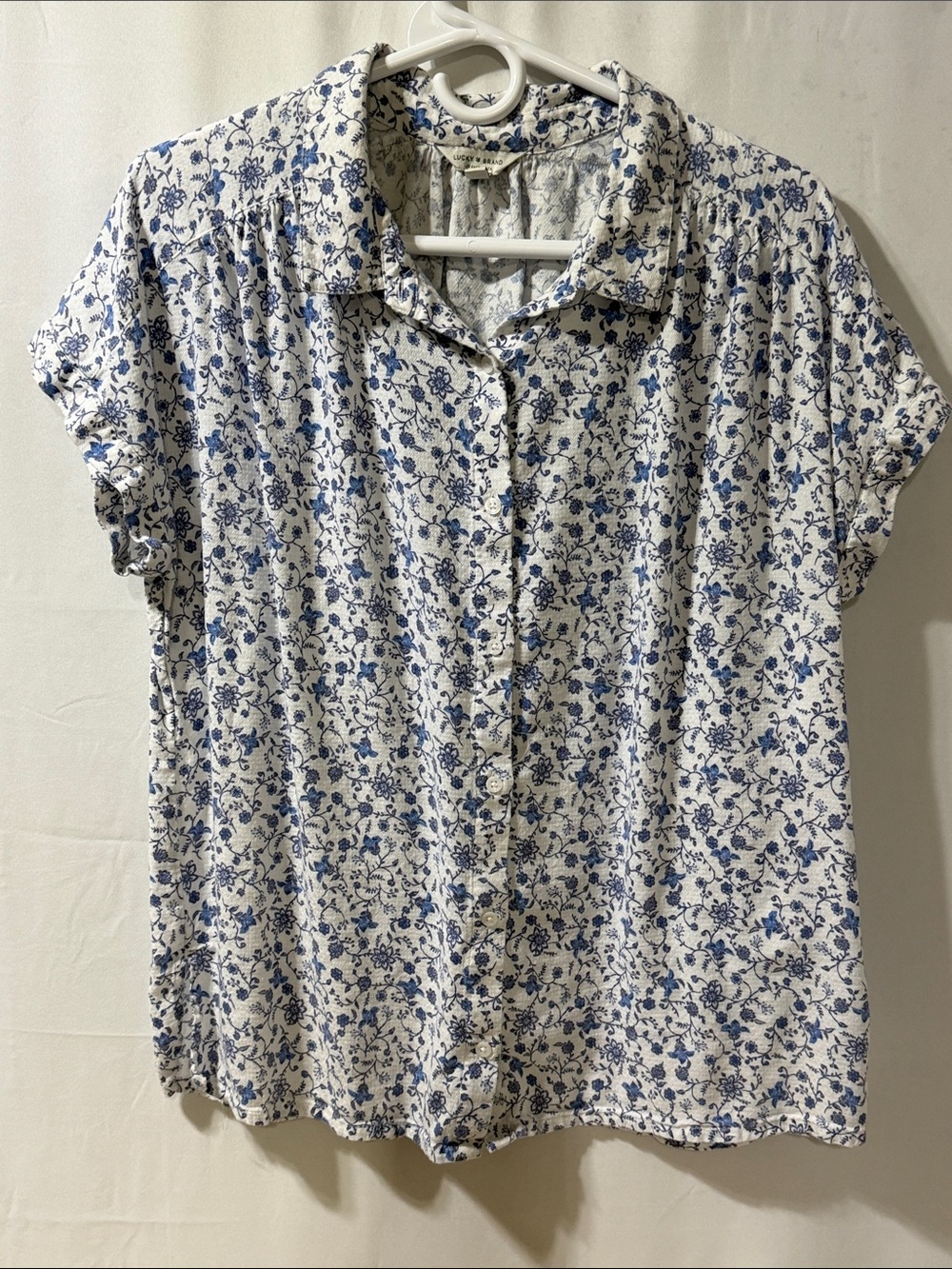 Lucky Brand White Button-Down Shirt with Blue Floral Print